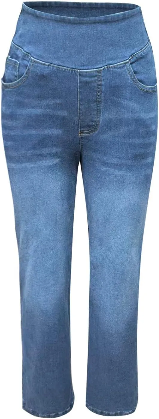 GIERIDUC Stretch Jeans for Women Retro Wide Leg Elastic High Waisted Loose Casual Look Like Jeans Sweatpants with Pockets