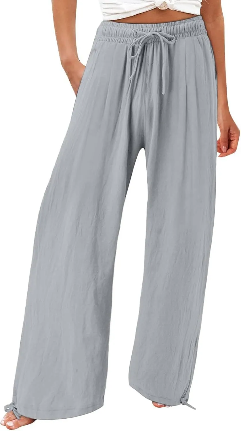 GIERIDUC Womens Linen Pants Casual Loose Wide Leg Business Work Pants for Women Elastic Waist Palazzo Trousers with Pockets