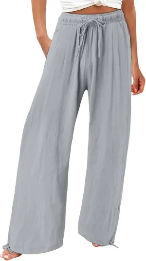GIERIDUC Womens Linen Pants Casual Loose Wide Leg Business Work Pants for Women Elastic Waist Palazzo Trousers with Pockets