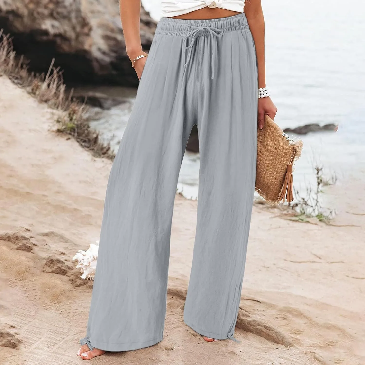 GIERIDUC Womens Linen Pants Casual Loose Wide Leg Business Work Pants for Women Elastic Waist Palazzo Trousers with Pockets