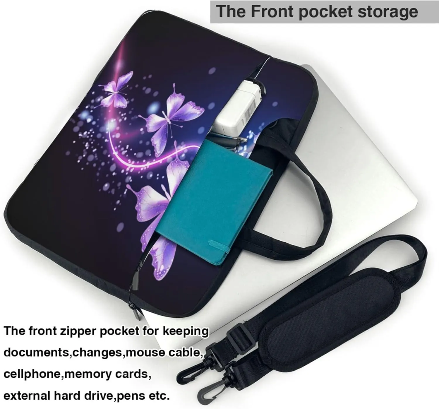 Glowing Butterfly Laptop Shoulder Bag for Women, Abstract Butterfly Laptop Sleeve Case Durable Computer Bag