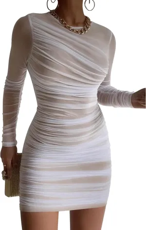 GOKATOSAU Women's Sexy Round Neck Mesh Long Sleeve Full Ruched Bodycon Mini Dress