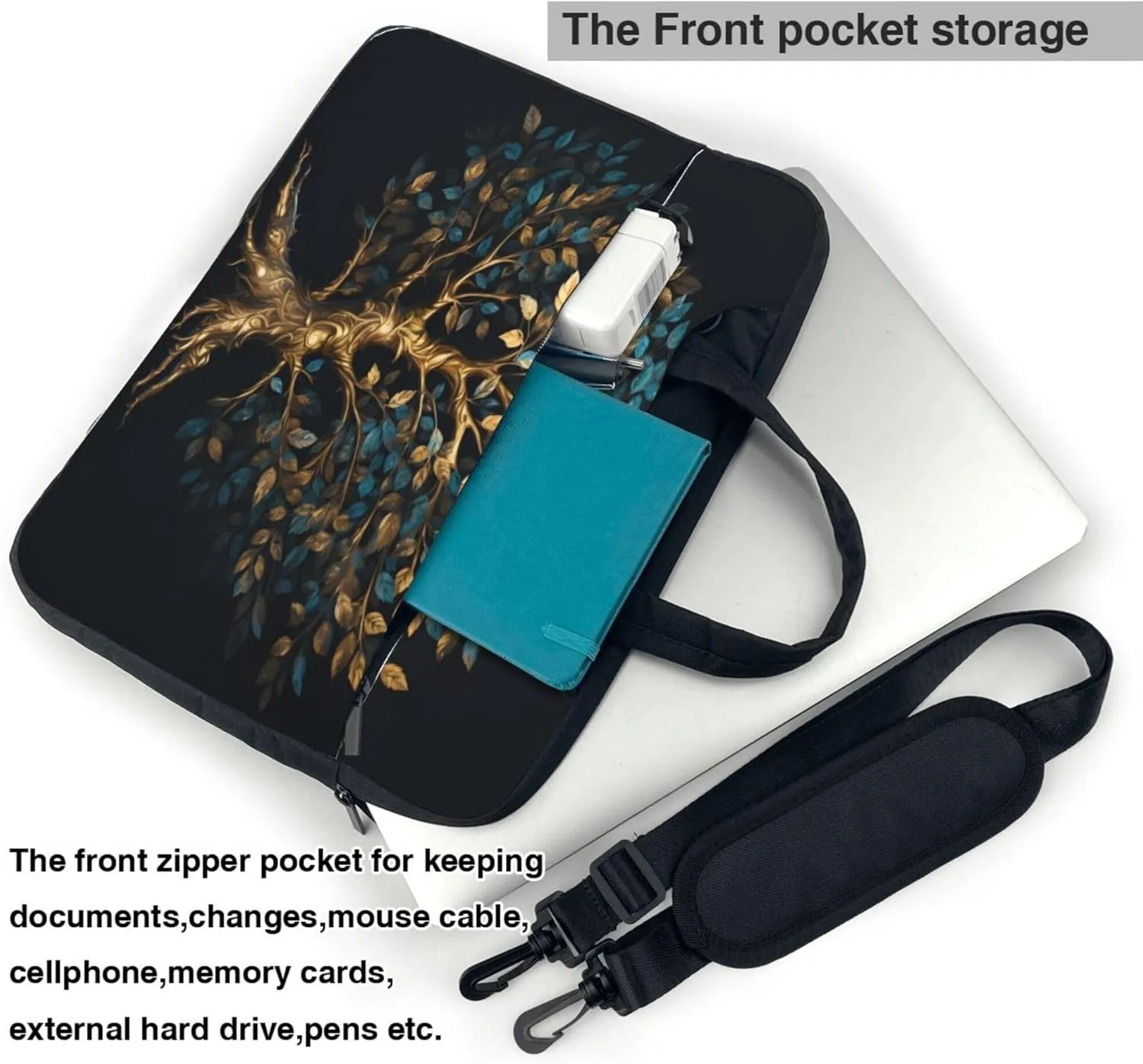 Gold Abstract Tree Laptop Shoulder Bag for Women, Laptop Sleeve Case Durable Computer Bag