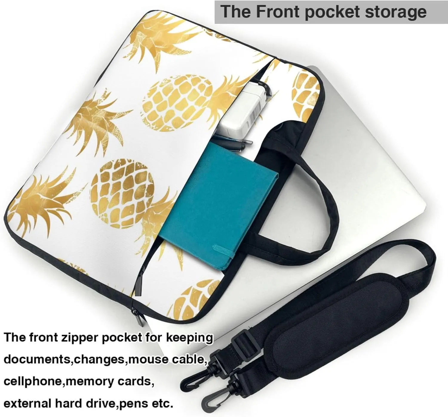 Gold Pineapple Laptop Shoulder Bag for Women, Pineapple Pattern Laptop Sleeve Case Durable Computer Bag