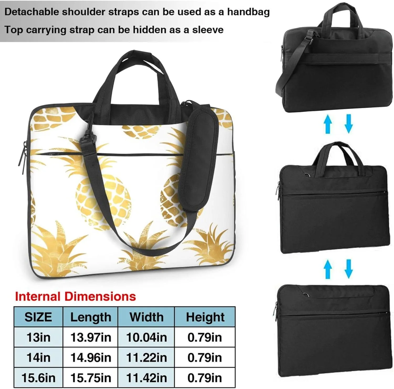 Gold Pineapple Laptop Shoulder Bag for Women, Pineapple Pattern Laptop Sleeve Case Durable Computer Bag