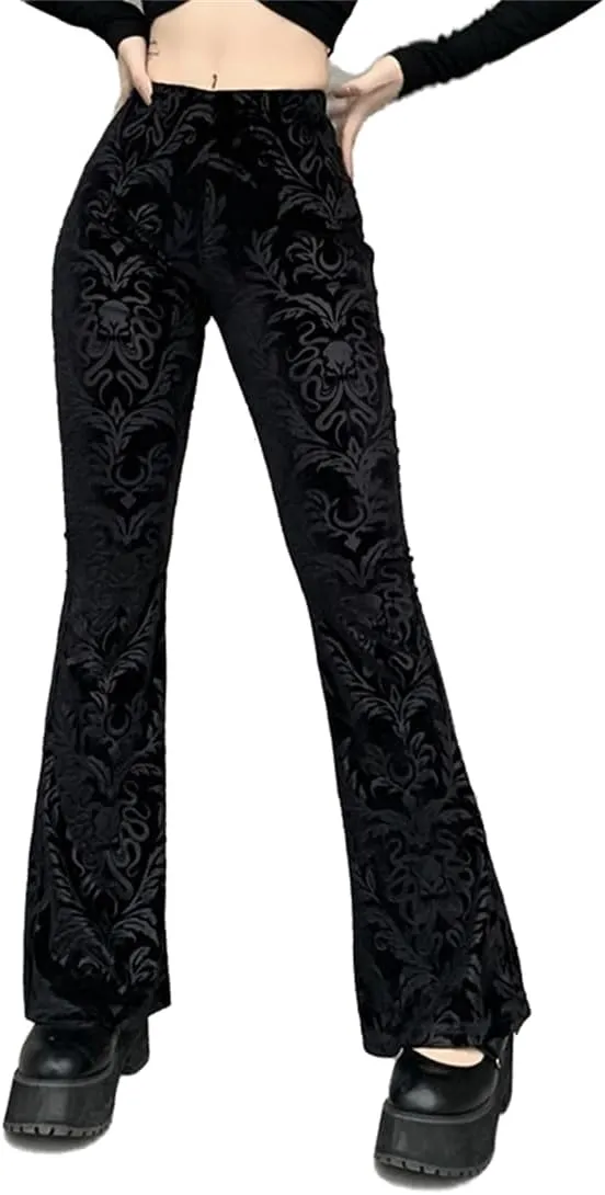 Gothic Bell Bottom Pants for Women Goth Grunge Black High Waisted Flare Leggings Boho Hippie Festival Outfits