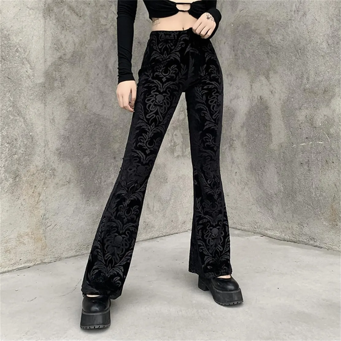 Gothic Bell Bottom Pants for Women Goth Grunge Black High Waisted Flare Leggings Boho Hippie Festival Outfits
