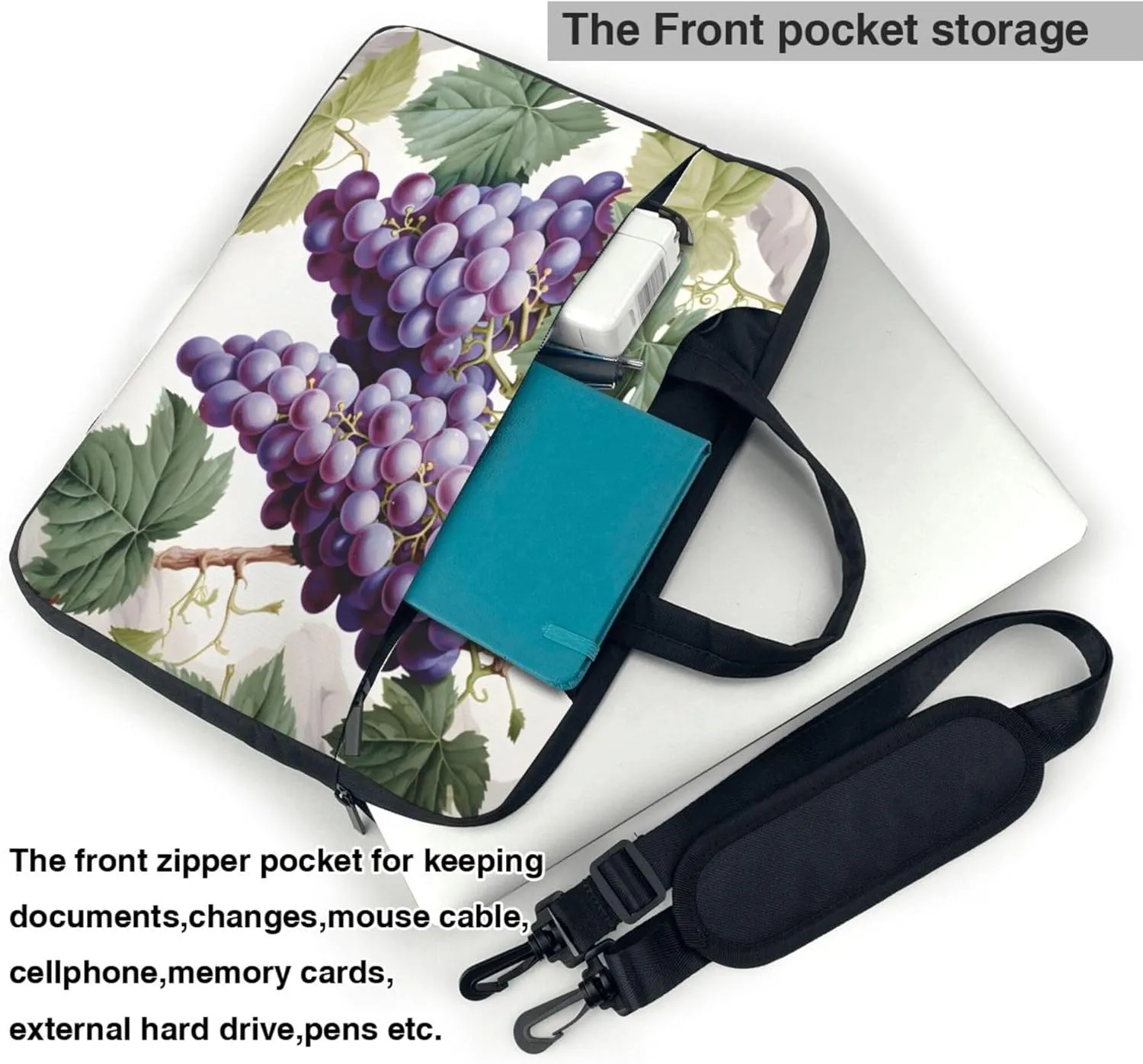 Grape Flower Leaves Laptop Shoulder Bag for Women, Laptop Sleeve Case Durable Computer Bag