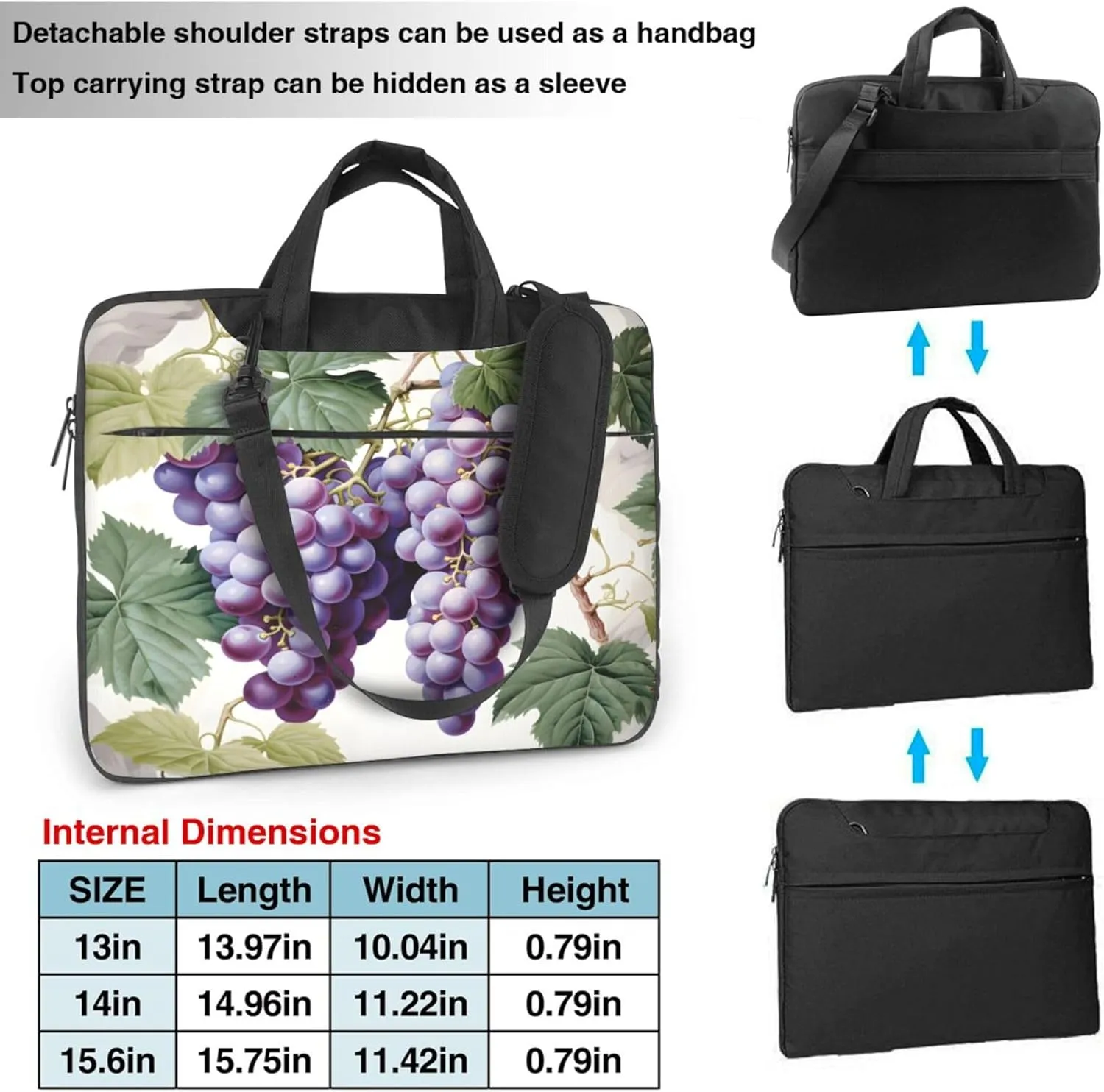 Grape Flower Leaves Laptop Shoulder Bag for Women, Laptop Sleeve Case Durable Computer Bag