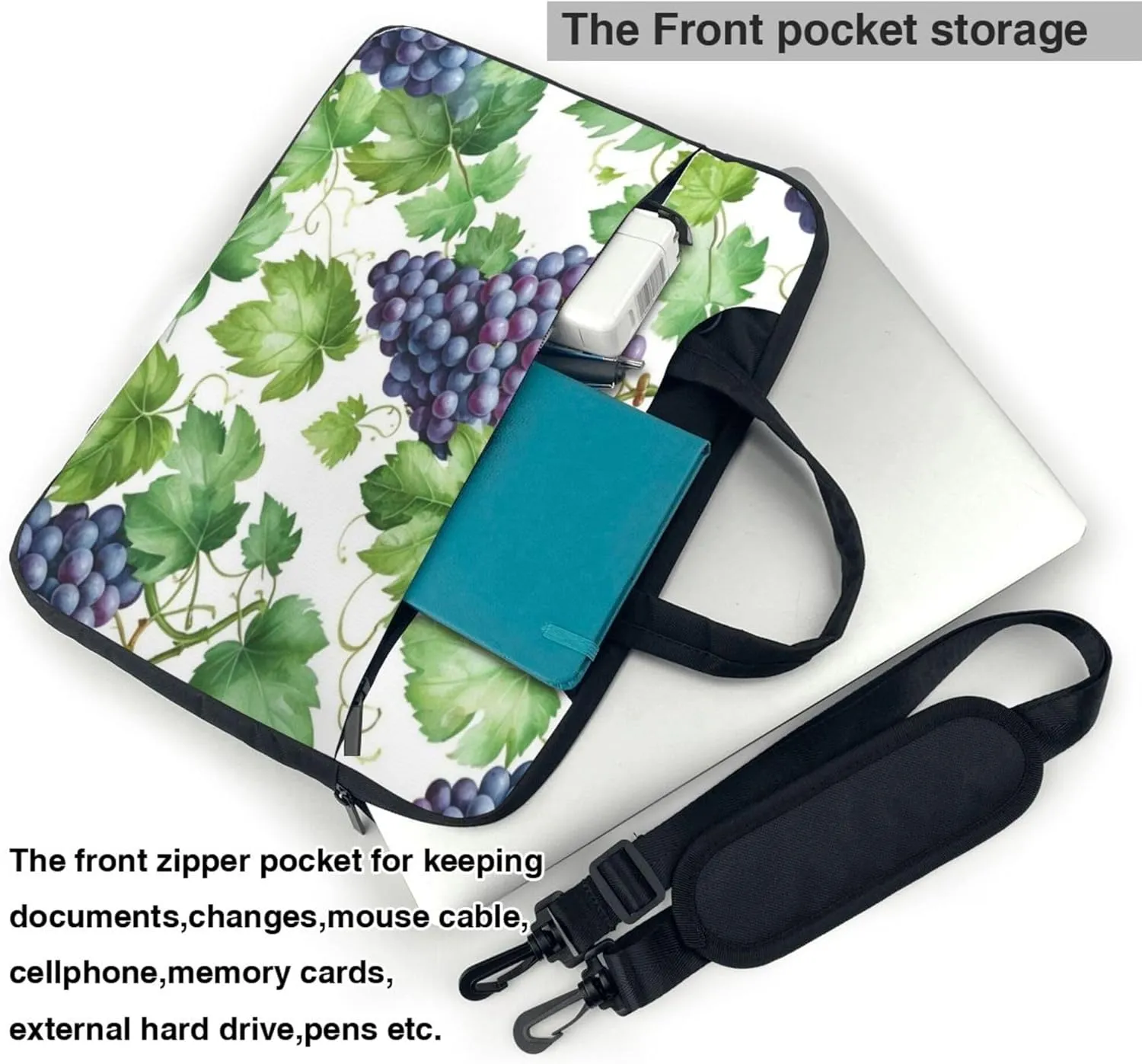 Grape Laptop Shoulder Bag for Women, Grape Pattern Laptop Sleeve Case Durable Computer Bag