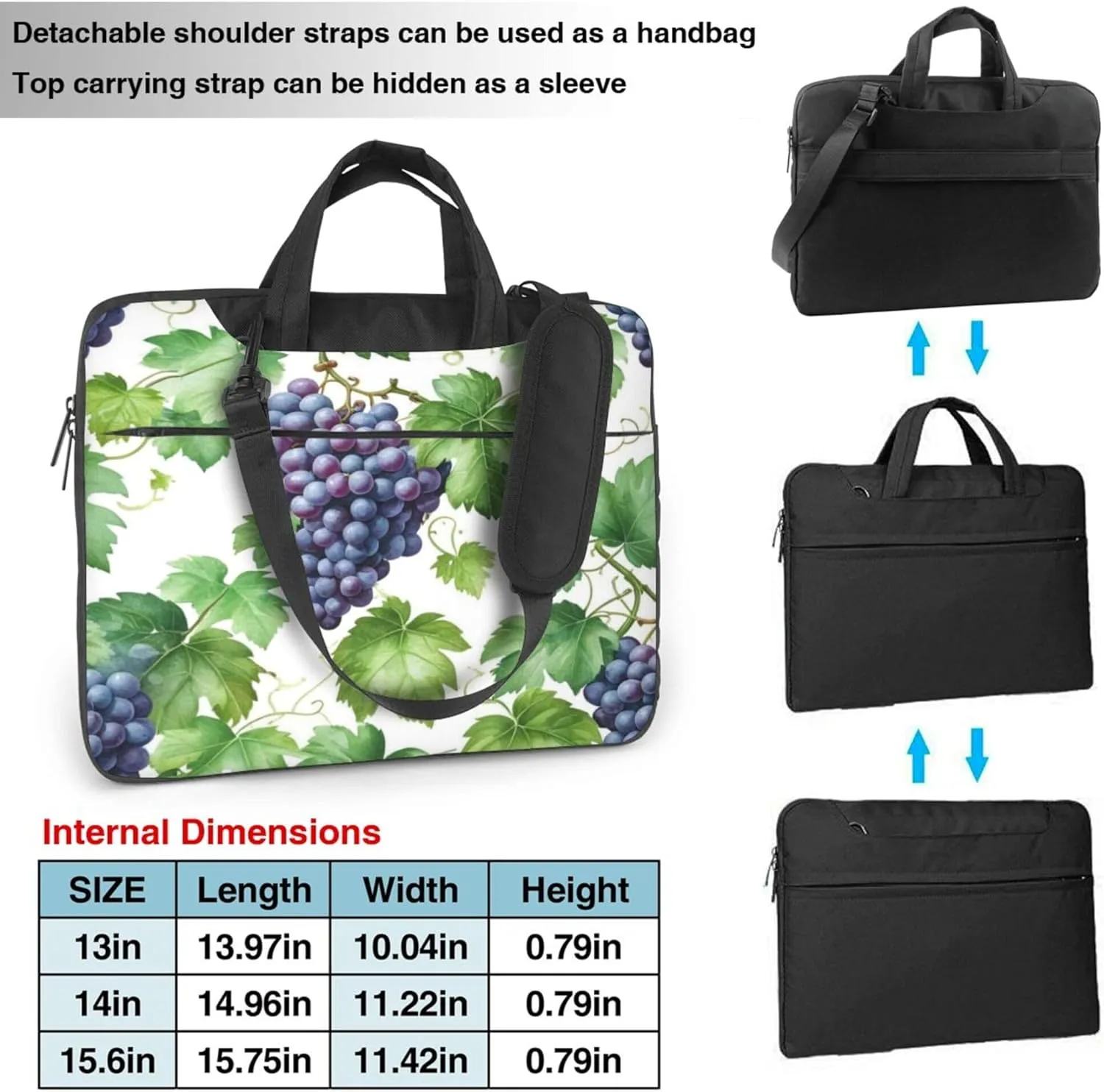 Grape Laptop Shoulder Bag for Women, Grape Pattern Laptop Sleeve Case Durable Computer Bag
