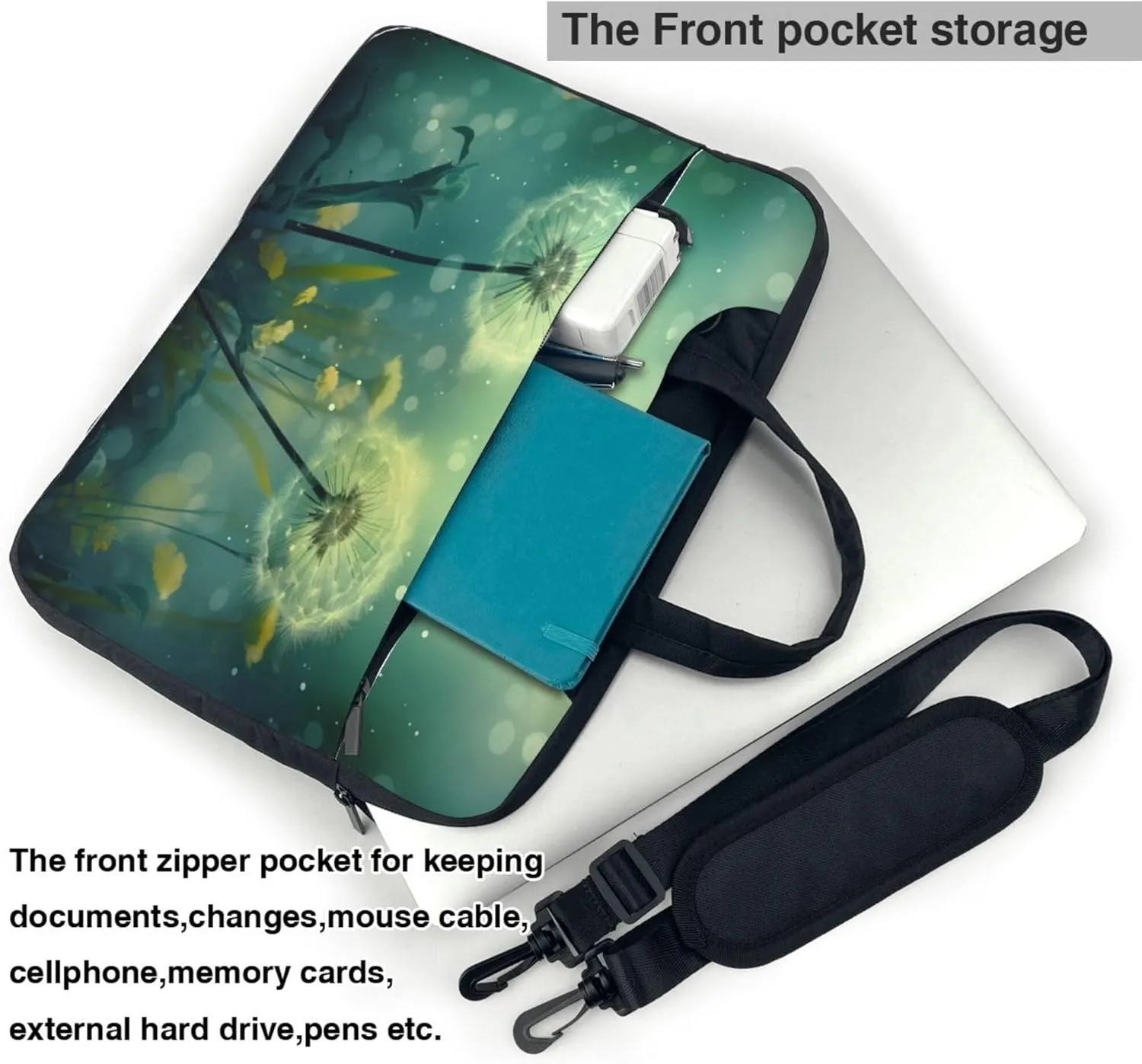 Green Dandelion Flowers Painted Laptop Shoulder Bag for Women, Laptop Sleeve Case Durable Computer Bag