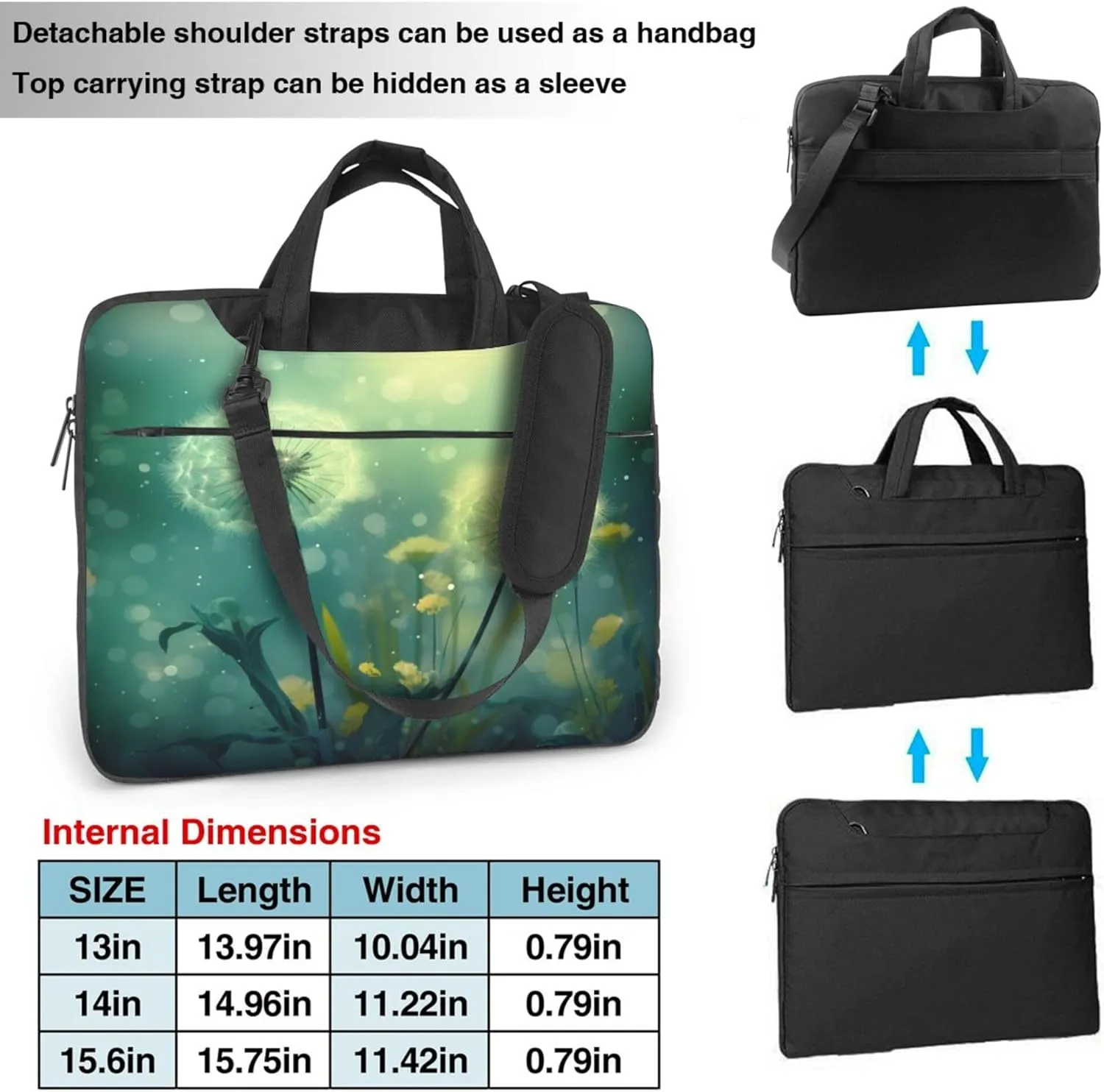 Green Dandelion Flowers Painted Laptop Shoulder Bag for Women, Laptop Sleeve Case Durable Computer Bag