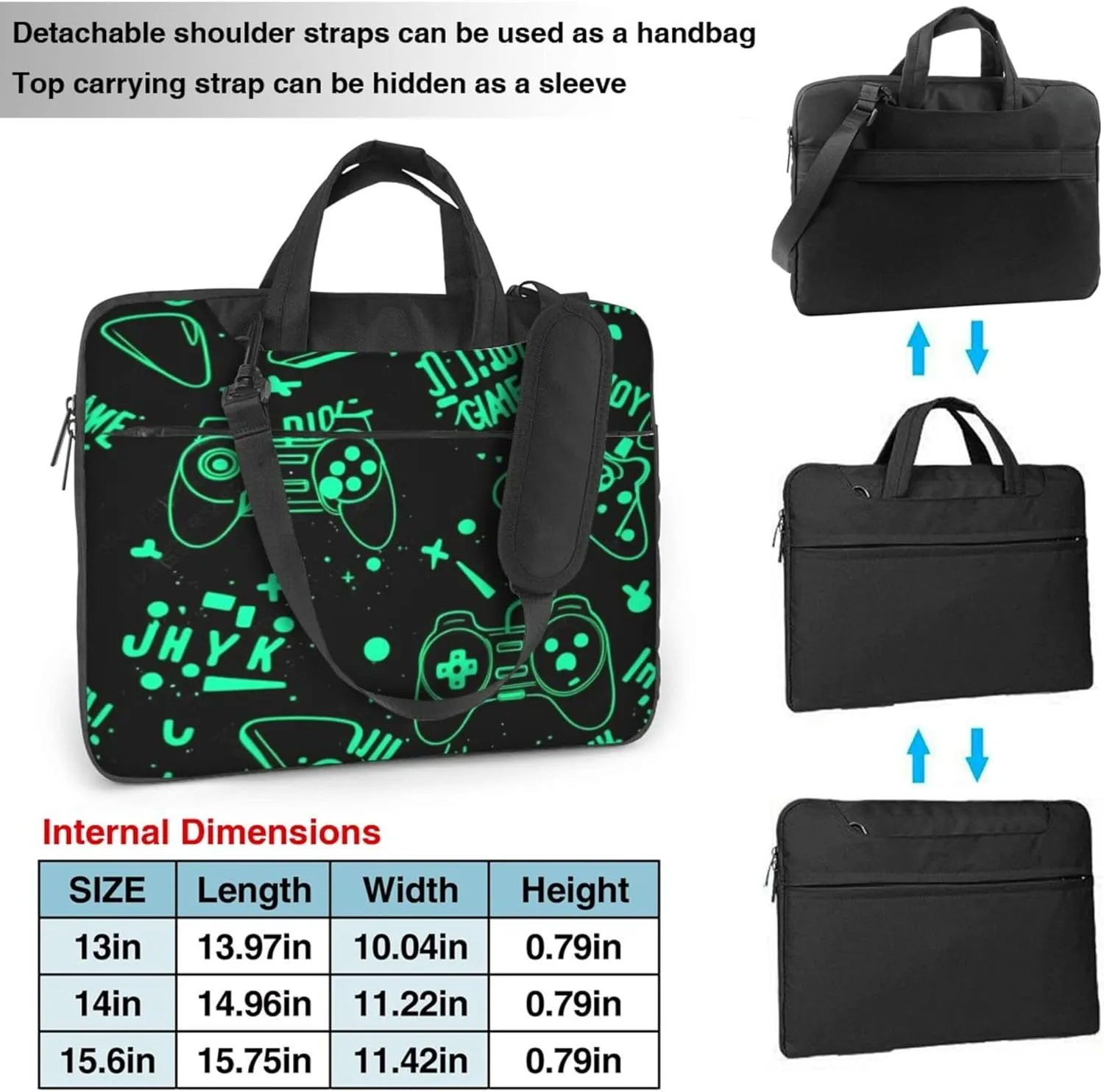 Green Gamer Gamepad Pattern Laptop Shoulder Bag for Women, Laptop Sleeve Case Durable Computer Bag