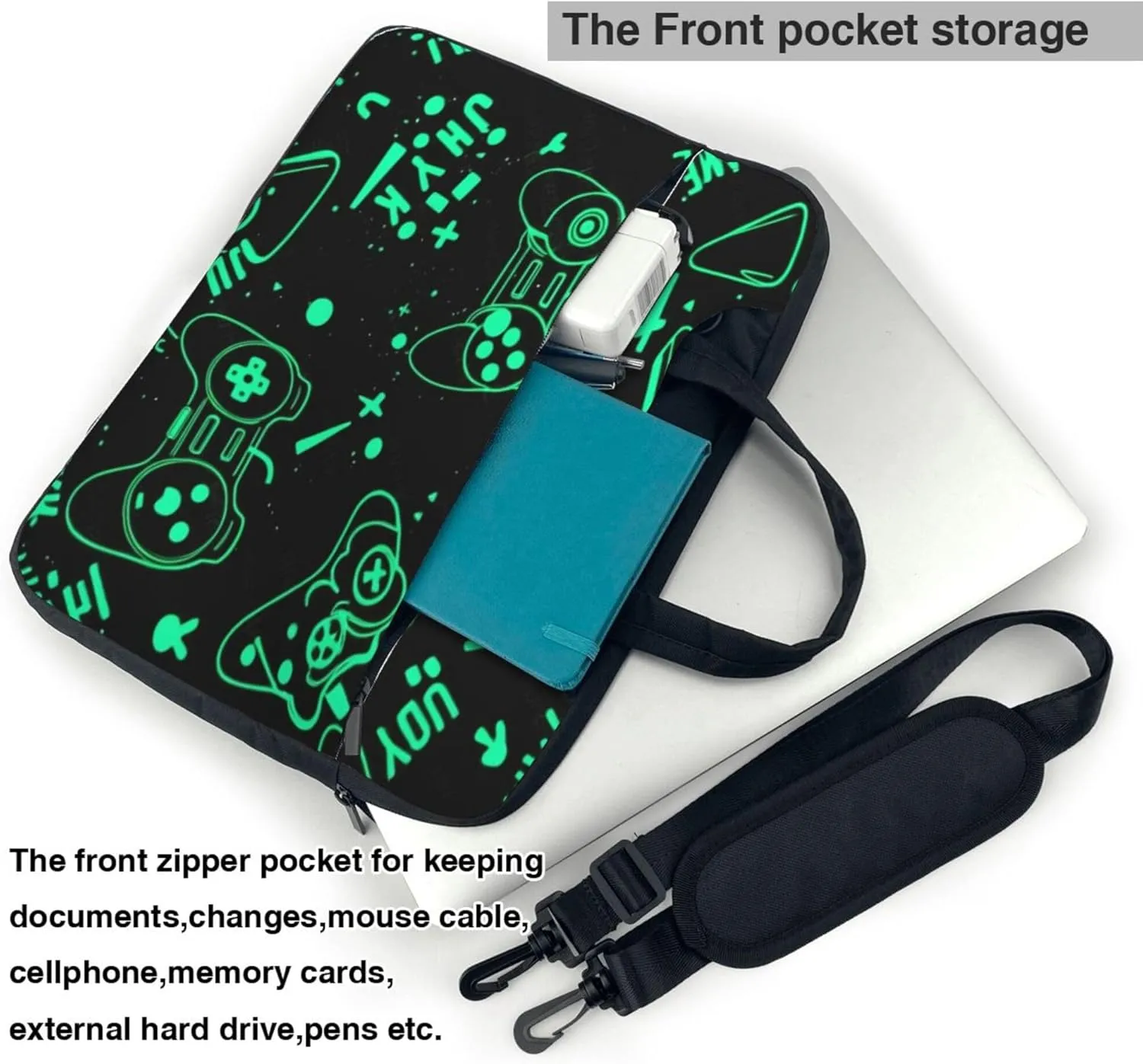 Green Gamer Gamepad Pattern Laptop Shoulder Bag for Women, Laptop Sleeve Case Durable Computer Bag