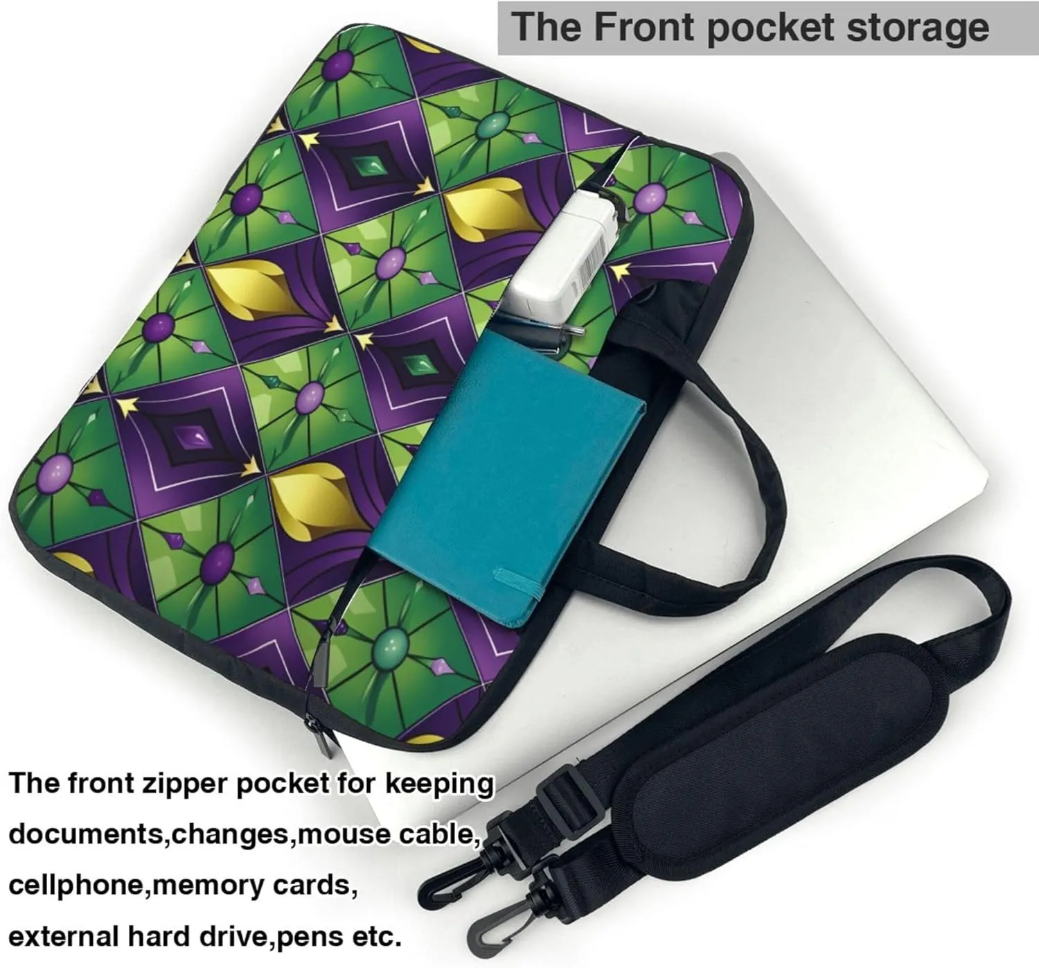 Green Purple Mardi Gras Plaid Laptop Shoulder Bag for Women, Laptop Sleeve Case Durable Computer Bag