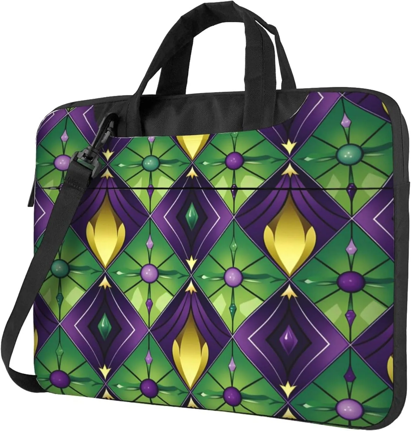 Green Purple Mardi Gras Plaid Laptop Shoulder Bag for Women, Laptop Sleeve Case Durable Computer Bag