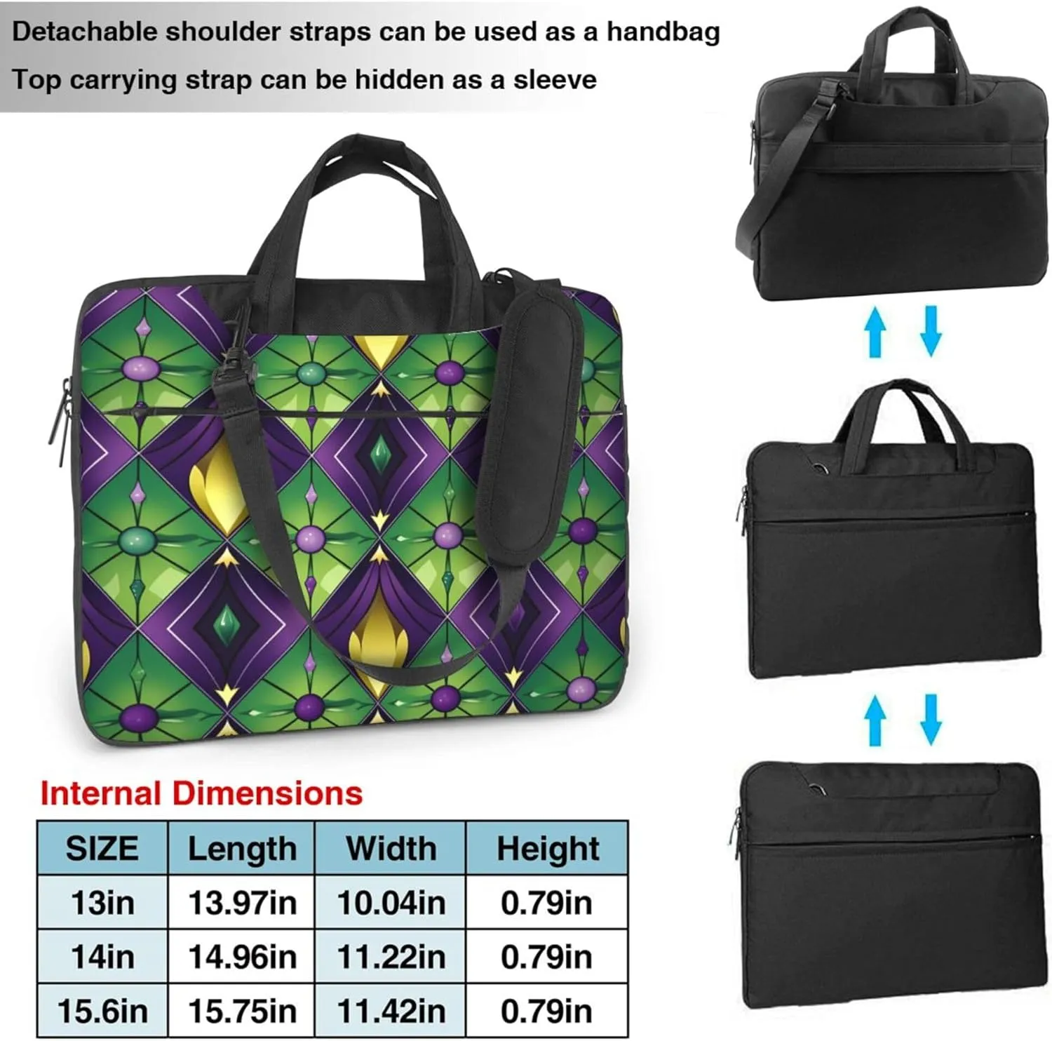 Green Purple Mardi Gras Plaid Laptop Shoulder Bag for Women, Laptop Sleeve Case Durable Computer Bag