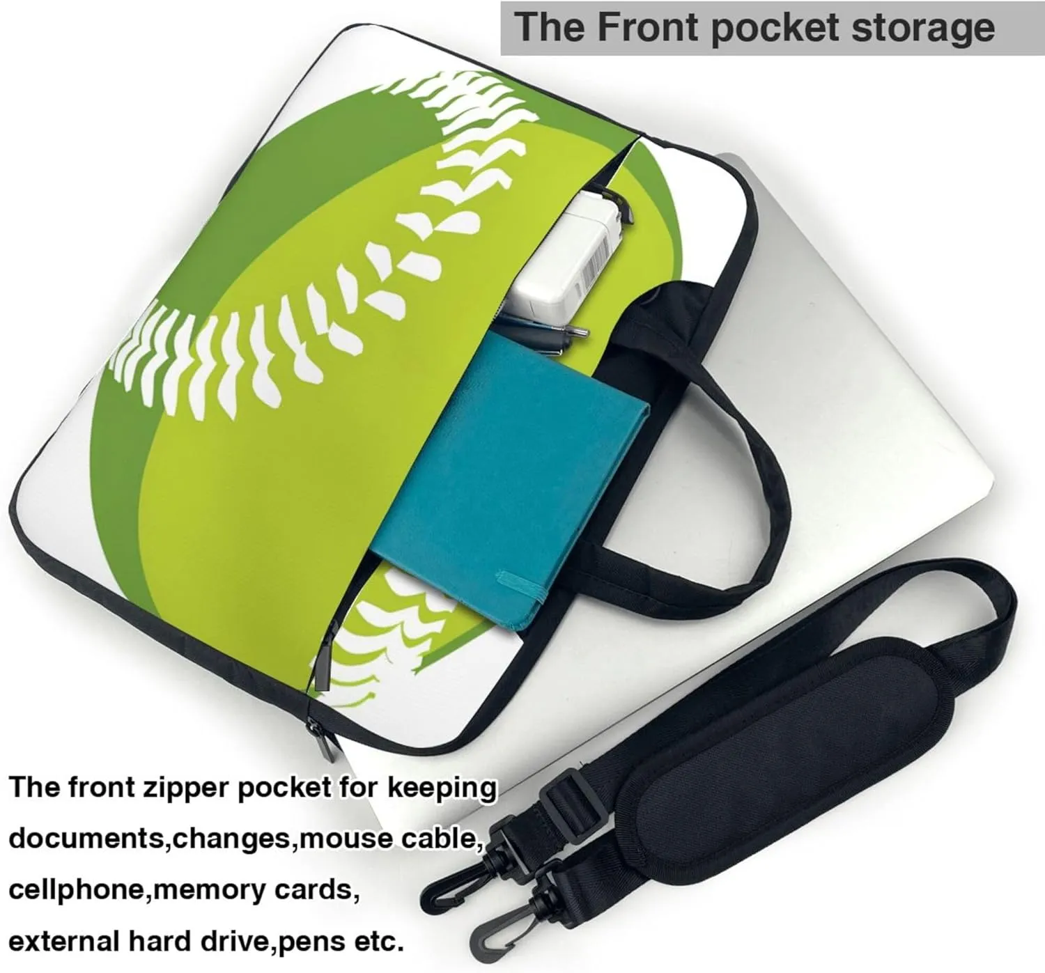 Green Softball Baseball Laptop Shoulder Bag for Women, Laptop Sleeve Case Durable Computer Bag