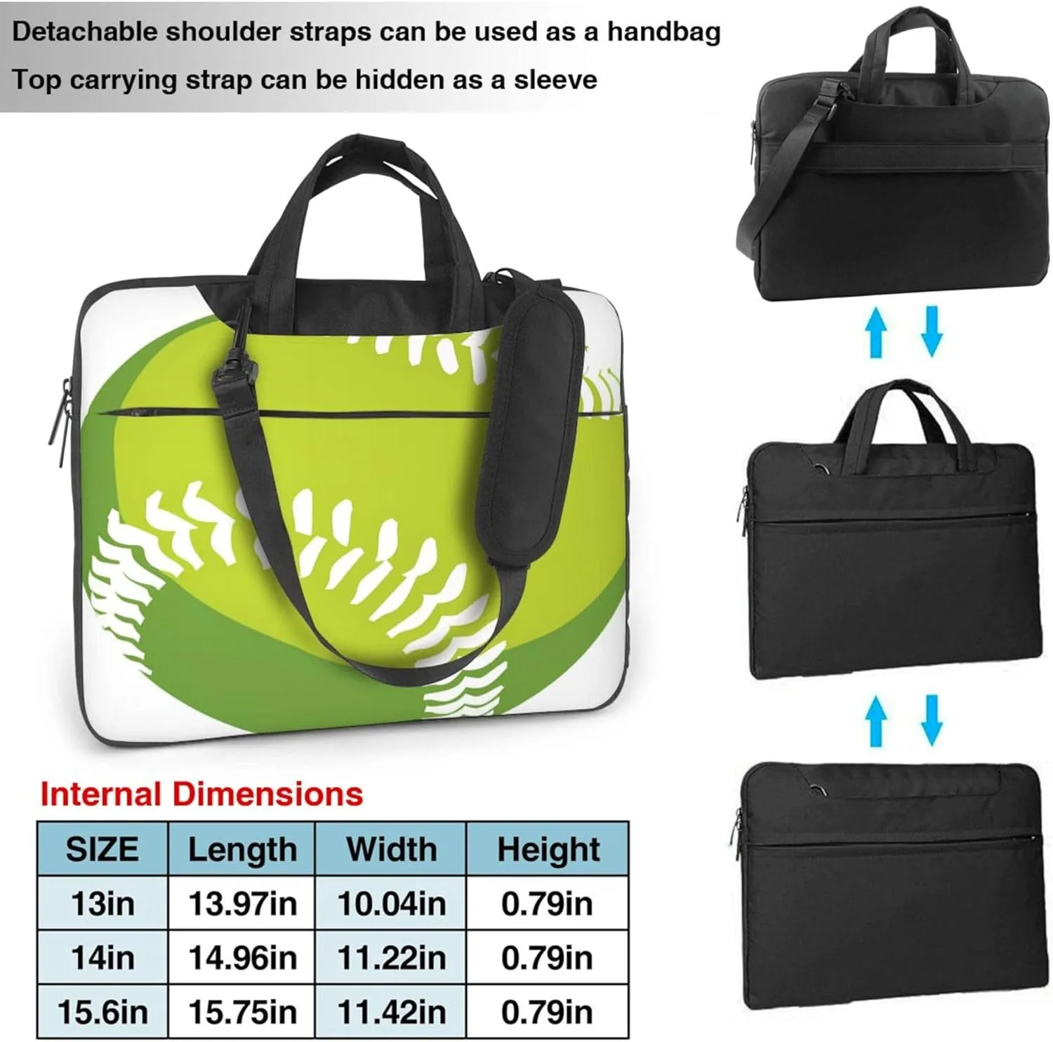 Green Softball Baseball Laptop Shoulder Bag for Women, Laptop Sleeve Case Durable Computer Bag