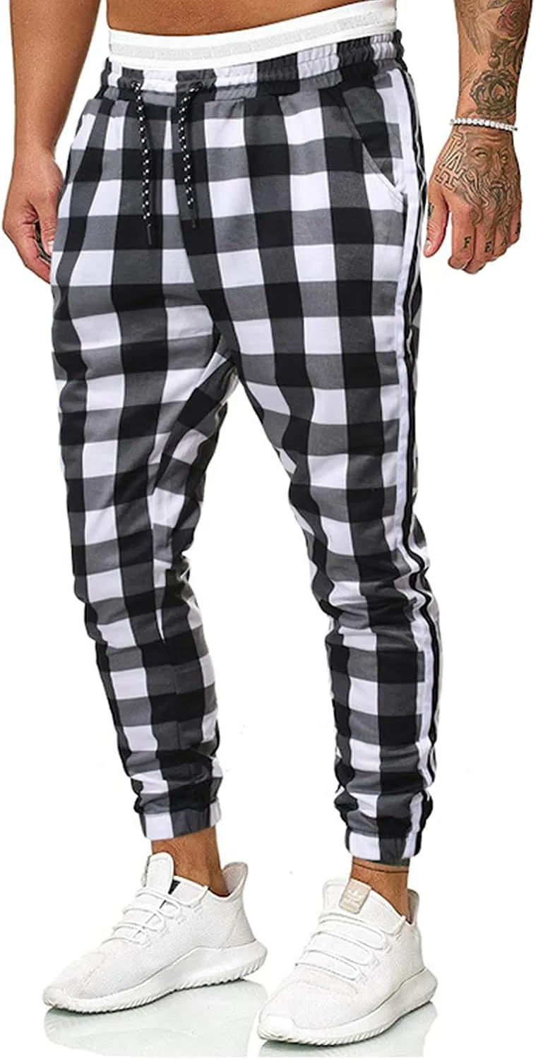 GTHTTT Men's Fashion Plaid Pants Chinos Casual Trousers Slim Fit Drawstring Tapered Stretch Workout Jogger Sweatpants Plaid