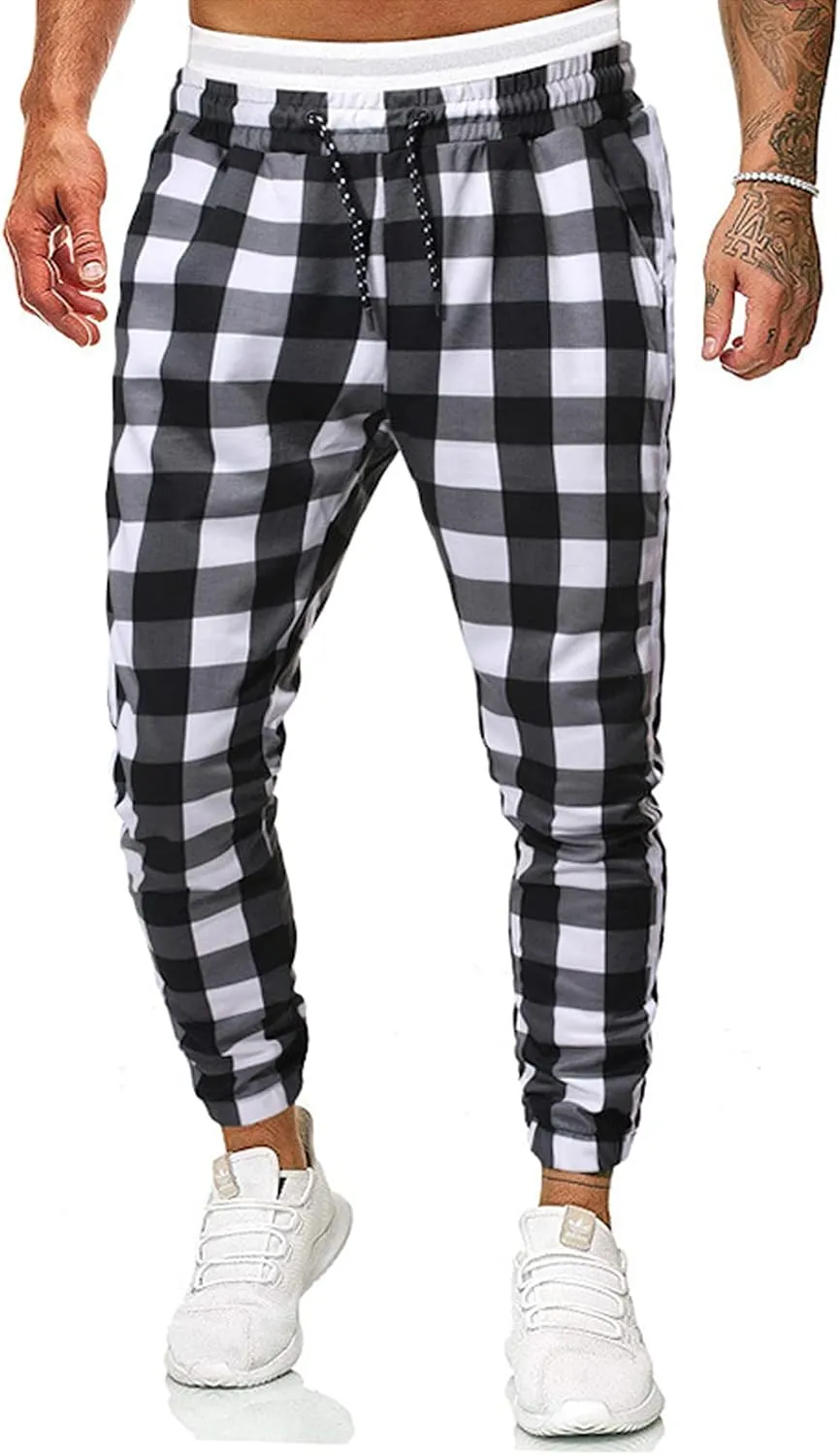 GTHTTT Men's Fashion Plaid Pants Chinos Casual Trousers Slim Fit Drawstring Tapered Stretch Workout Jogger Sweatpants Plaid