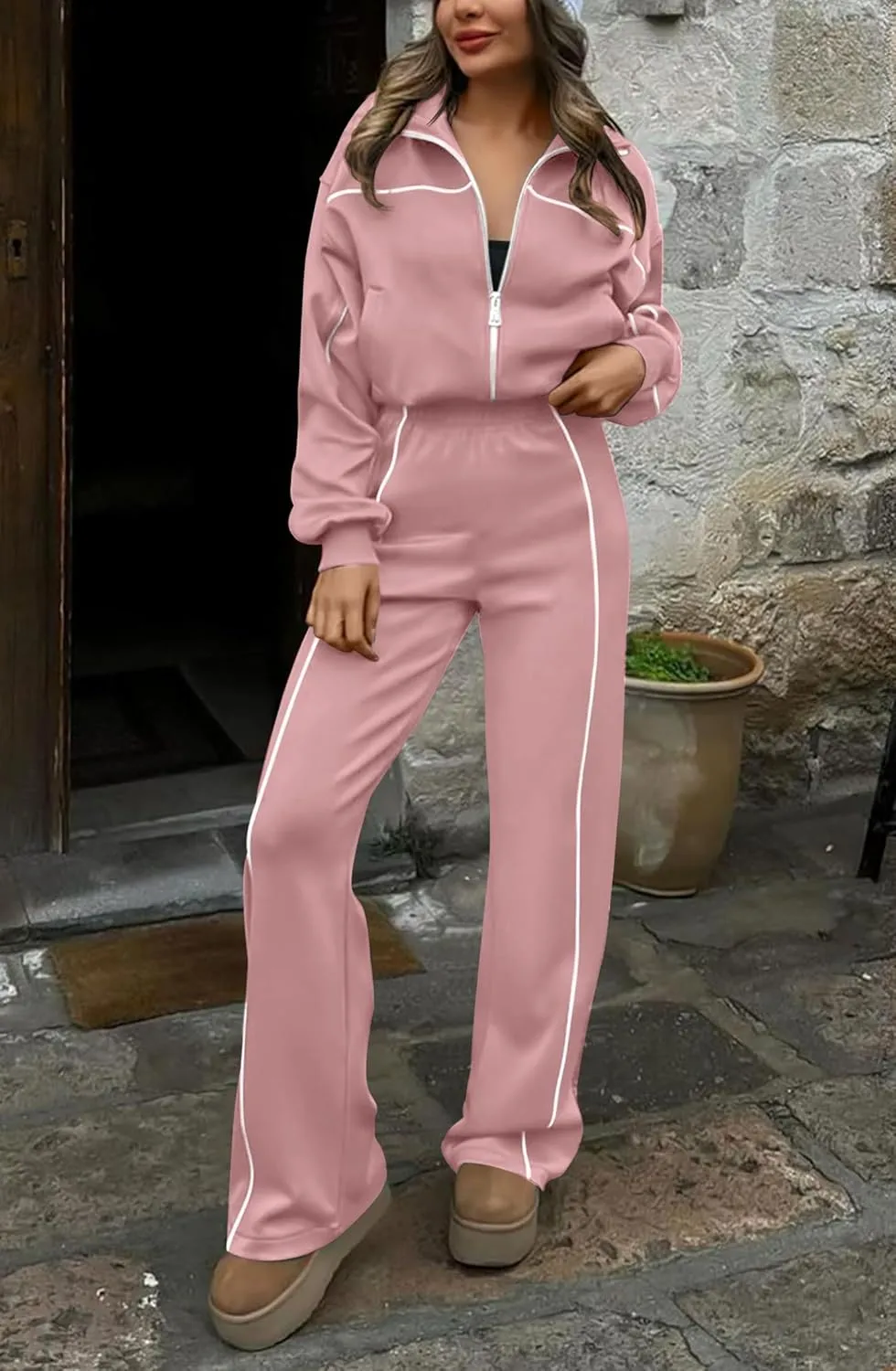 HAEOF Women 2 Piece Sweatsuit 2025 Fall Outfits Long Sleeve Zip Up Sweatshirt Jogger Pants Machting Lounge Sets Tracksuit