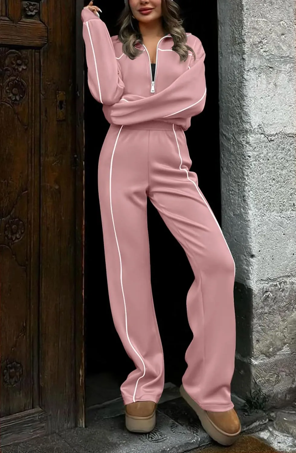HAEOF Women 2 Piece Sweatsuit 2025 Fall Outfits Long Sleeve Zip Up Sweatshirt Jogger Pants Machting Lounge Sets Tracksuit