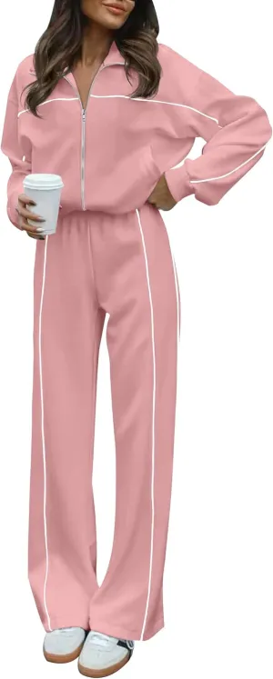 HAEOF Women 2 Piece Sweatsuit 2025 Fall Outfits Long Sleeve Zip Up Sweatshirt Jogger Pants Machting Lounge Sets Tracksuit