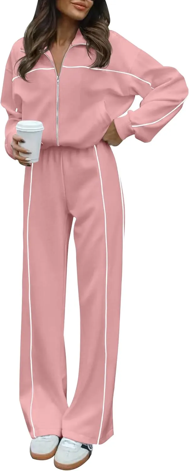 HAEOF Women 2 Piece Sweatsuit 2025 Fall Outfits Long Sleeve Zip Up Sweatshirt Jogger Pants Machting Lounge Sets Tracksuit
