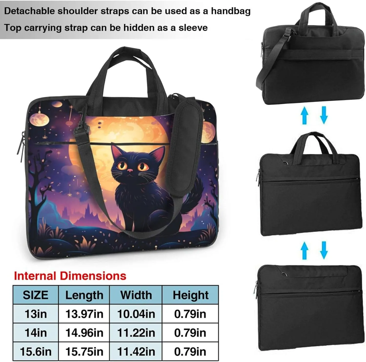 Halloween Black Cat Moon Laptop Shoulder Bag for Women, Laptop Sleeve Case Durable Computer Bag