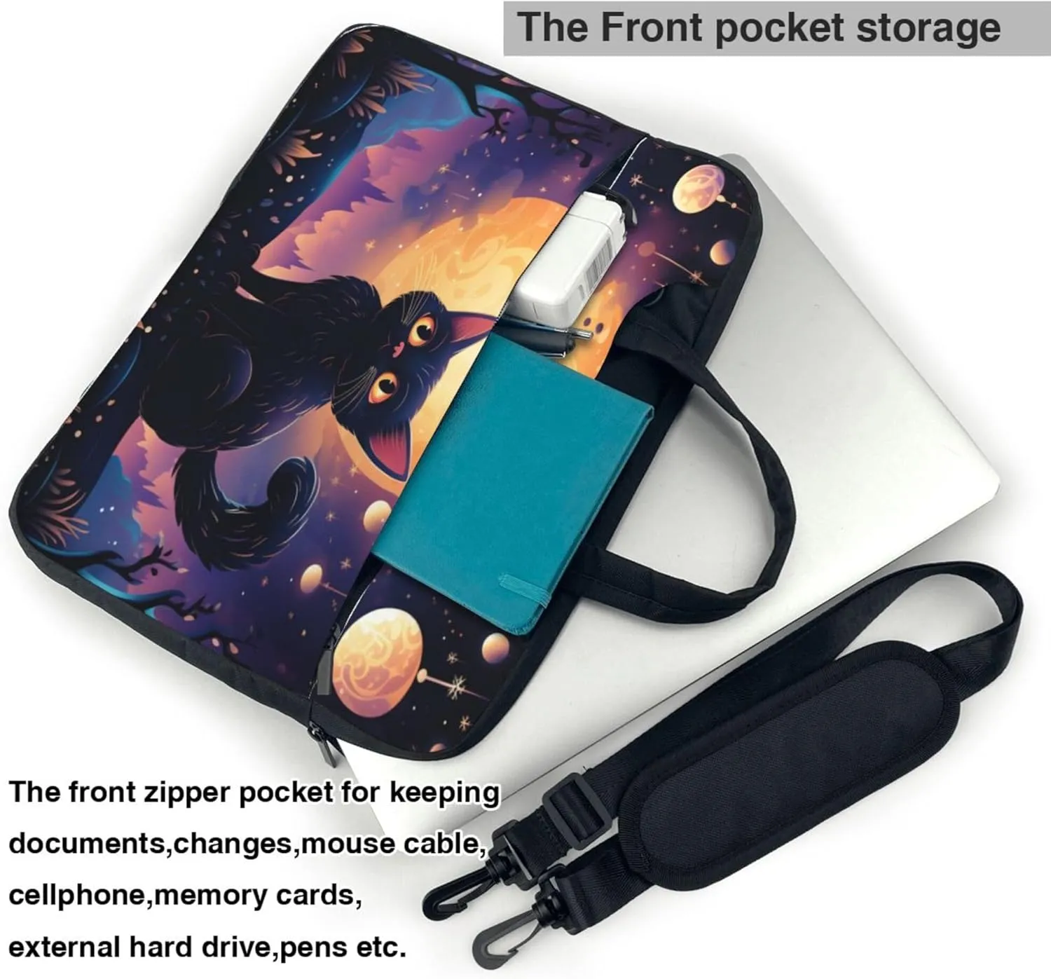 Halloween Black Cat Moon Laptop Shoulder Bag for Women, Laptop Sleeve Case Durable Computer Bag