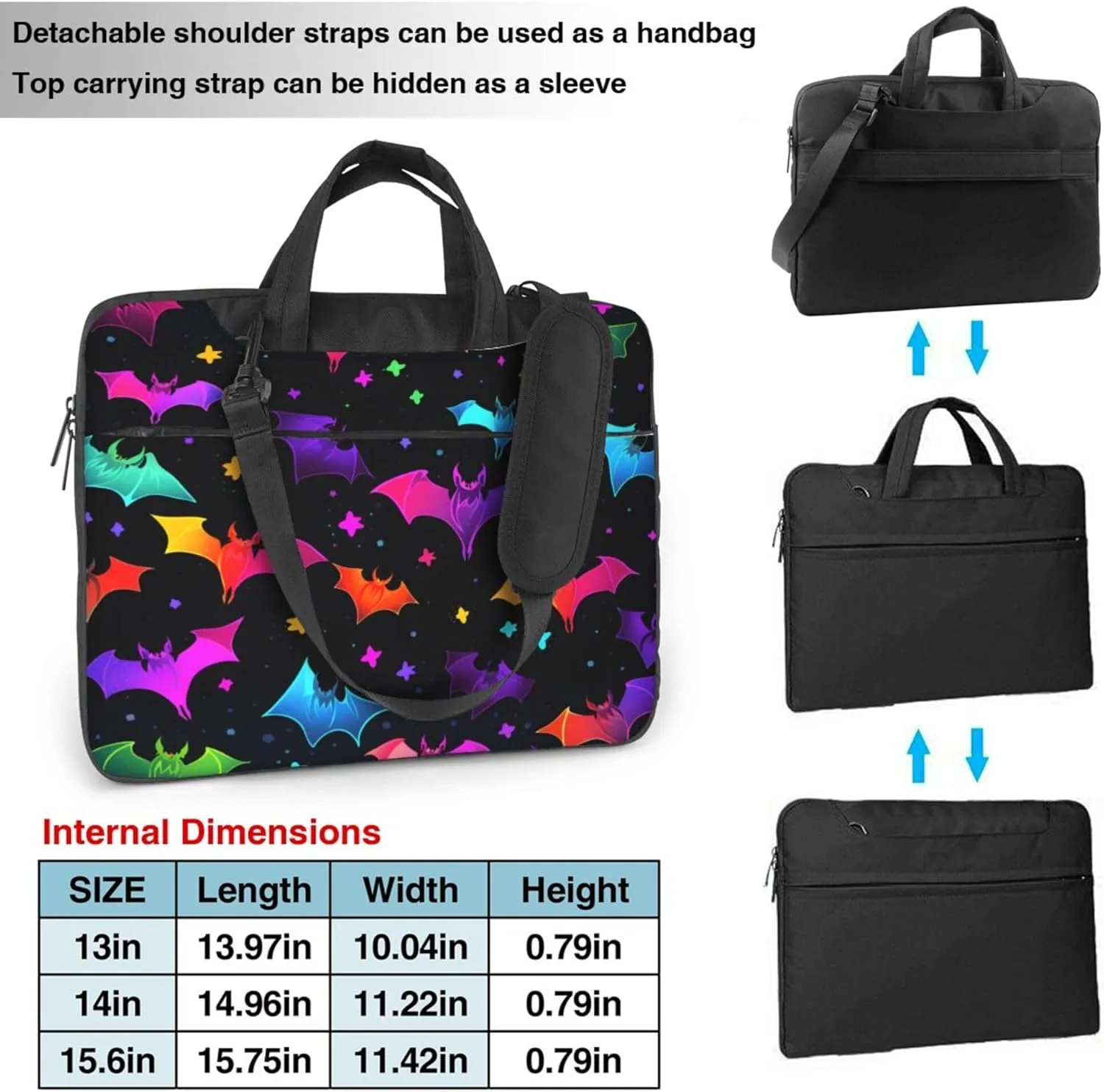 Halloween Colorful Bat Animal Laptop Shoulder Bag for Women, Laptop Sleeve Case Durable Computer Bag