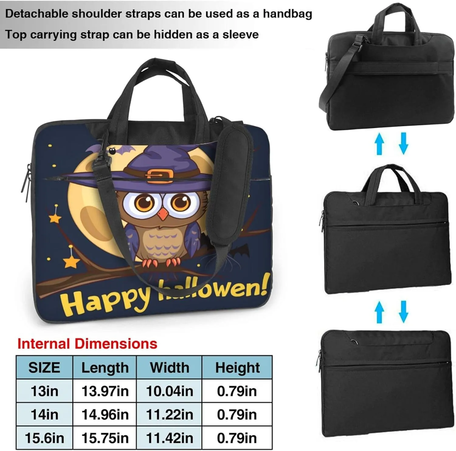 Halloween Owl Bird Moon Laptop Shoulder Bag for Women, Laptop Sleeve Case Durable Computer Bag