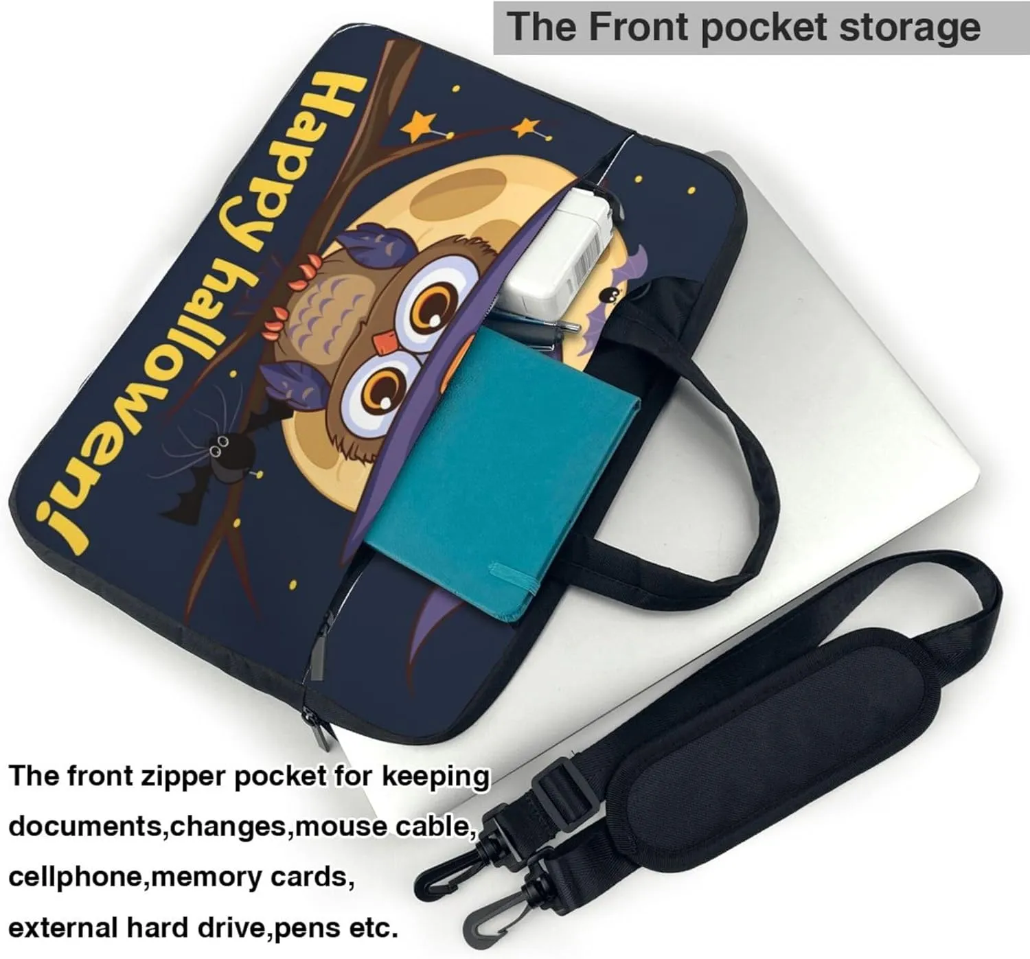 Halloween Owl Bird Moon Laptop Shoulder Bag for Women, Laptop Sleeve Case Durable Computer Bag