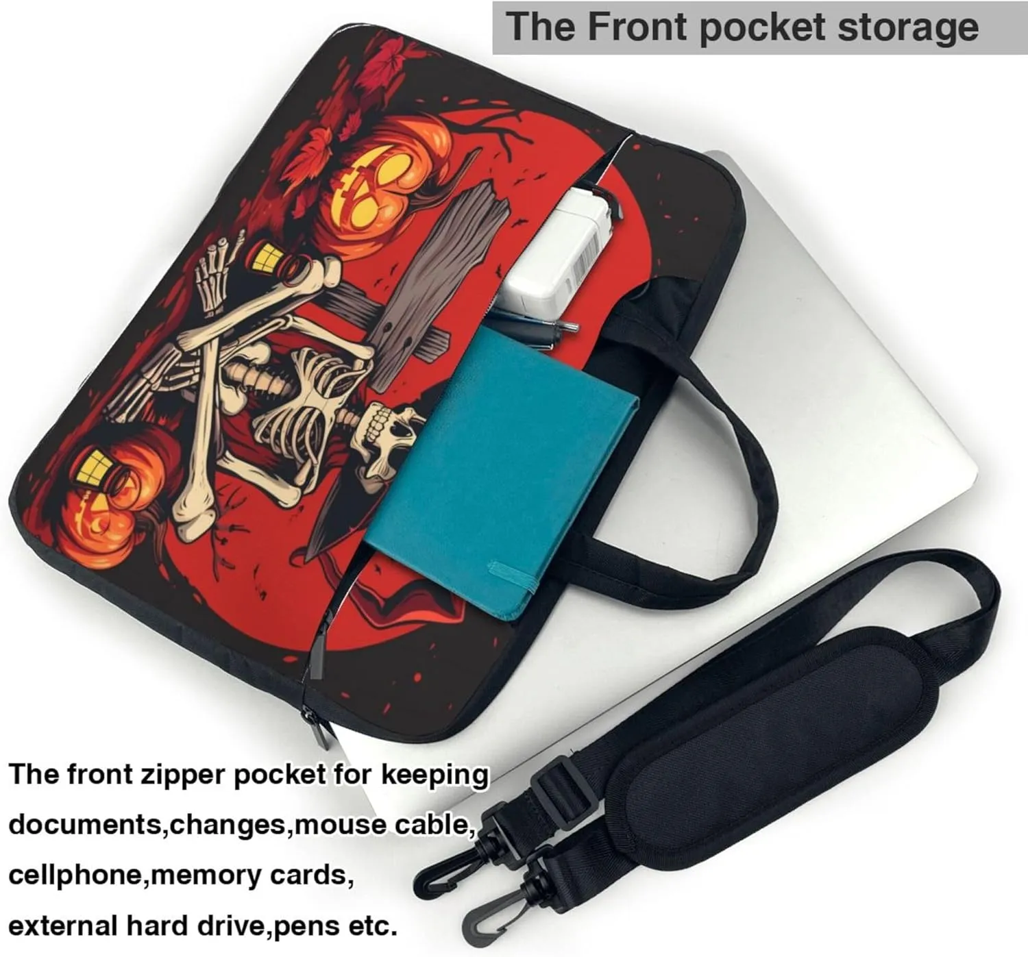 Halloween Witch Skull Laptop Shoulder Bag for Women, Pumpkin Laptop Sleeve Case Durable Computer Bag