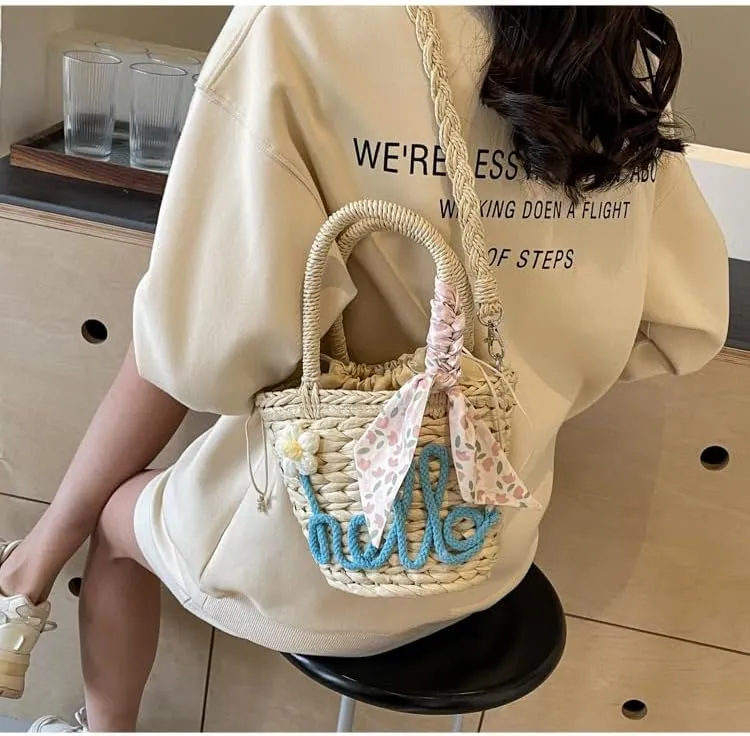 Handmade Summer Straw Bucket Bag for Women Chic Woven Top Handle Crossbody Purse with Decoration Scarf