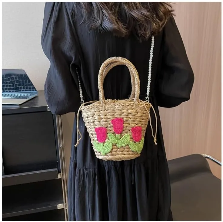 Handmade Summer Straw Bucket Bag for Women Chic Woven Top Handle Crossbody Purse with Decoration Scarf