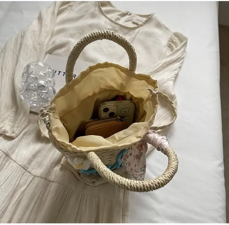 Handmade Summer Straw Bucket Bag for Women Chic Woven Top Handle Crossbody Purse with Decoration Scarf