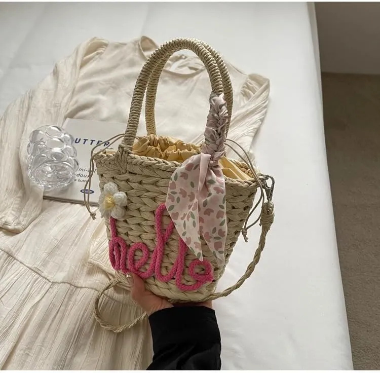 Handmade Summer Straw Bucket Bag for Women Chic Woven Top Handle Crossbody Purse with Decoration Scarf