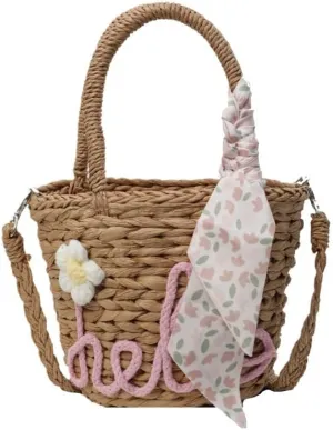 Handmade Summer Straw Bucket Bag for Women Chic Woven Top Handle Crossbody Purse with Decoration Scarf