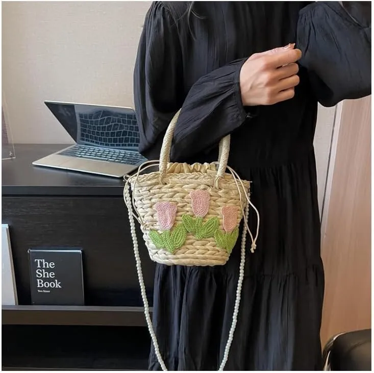 Handmade Summer Straw Bucket Bag for Women Chic Woven Top Handle Crossbody Purse with Decoration Scarf