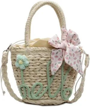 Handmade Summer Straw Bucket Bag for Women Chic Woven Top Handle Crossbody Purse with Decoration Scarf