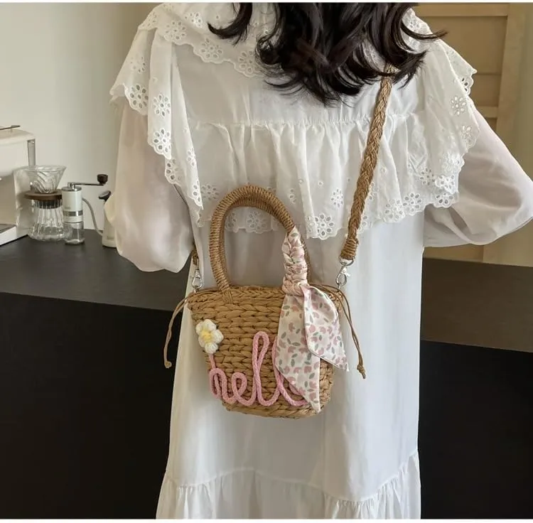 Handmade Summer Straw Bucket Bag for Women Chic Woven Top Handle Crossbody Purse with Decoration Scarf