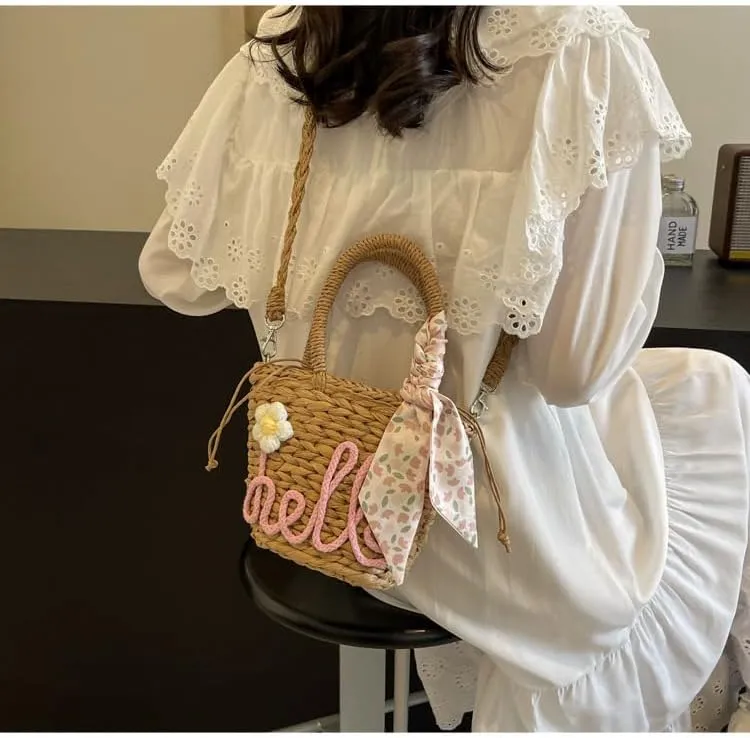 Handmade Summer Straw Bucket Bag for Women Chic Woven Top Handle Crossbody Purse with Decoration Scarf
