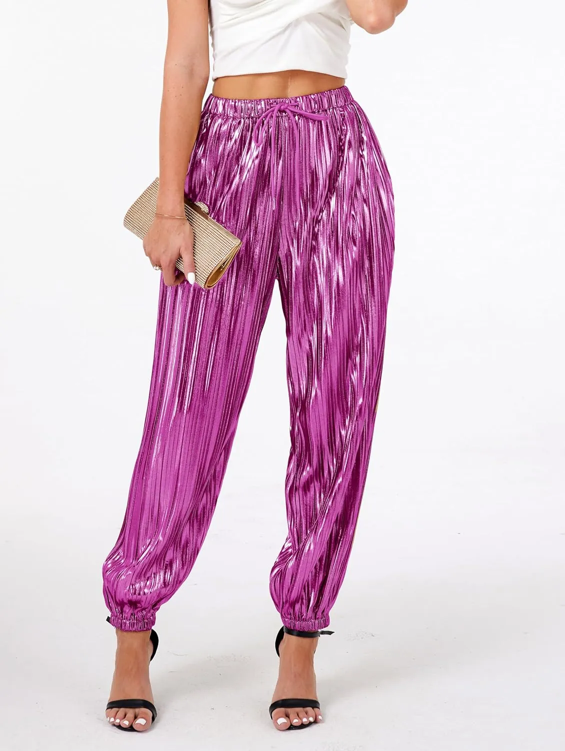 heipeiwa Women's Metallic Pleated Sequin Shiny Joggers Pants Party Club Wear Sweatpant Trouser