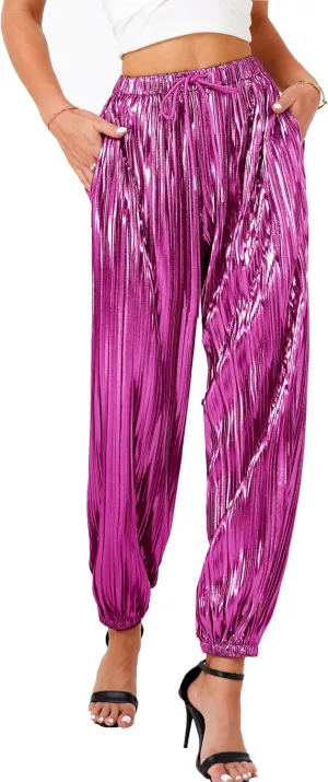 heipeiwa Women's Metallic Pleated Sequin Shiny Joggers Pants Party Club Wear Sweatpant Trouser
