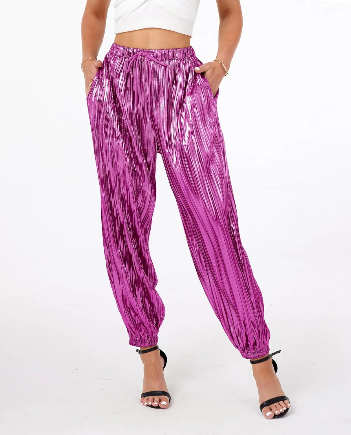 heipeiwa Women's Metallic Pleated Sequin Shiny Joggers Pants Party Club Wear Sweatpant Trouser
