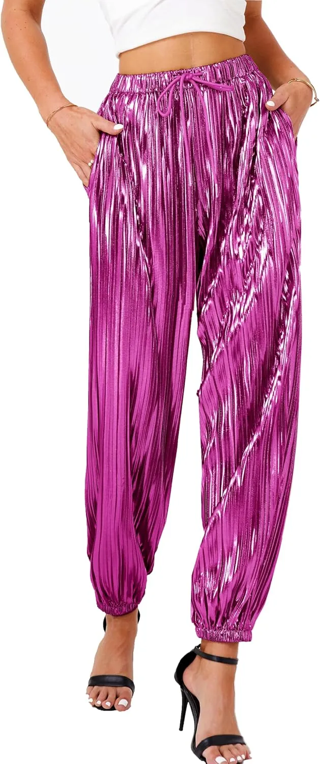 heipeiwa Women's Metallic Pleated Sequin Shiny Joggers Pants Party Club Wear Sweatpant Trouser