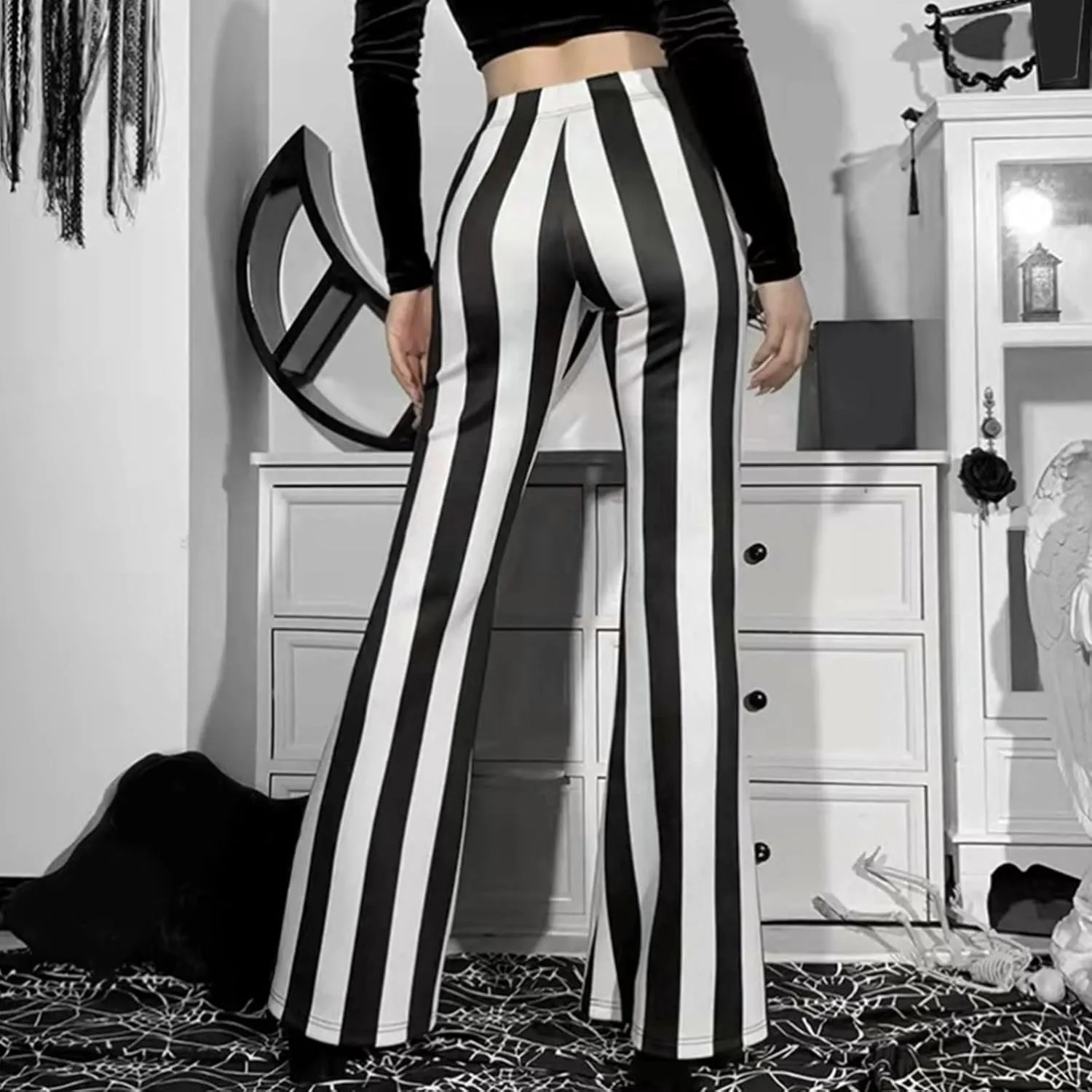 High Waist Vertical Stripe Bell Pants Flare Bottoms Trousers with Stretch Perfect for Women of Plus Size Womens